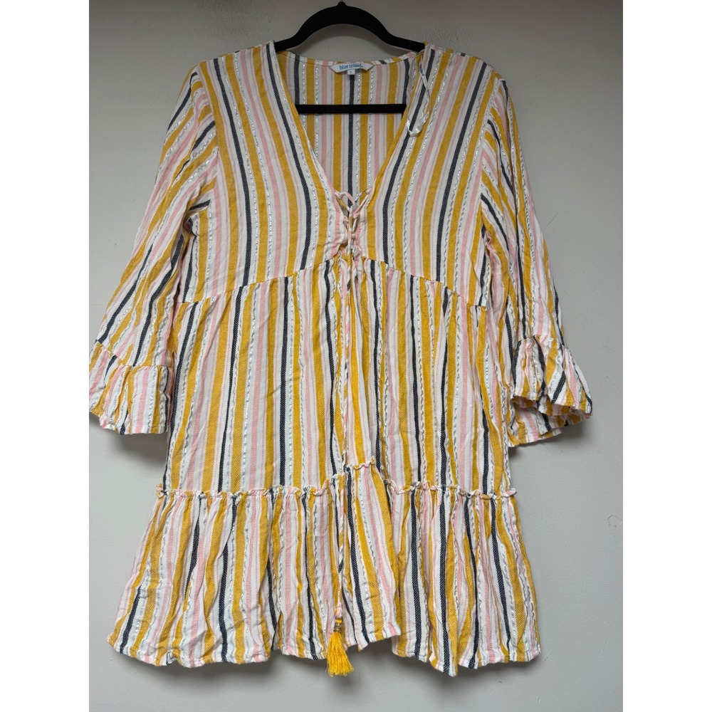 Blue Island Tunic Top Womens Large Yellow Striped Boho Excellent Lace‎ Up Tassel
